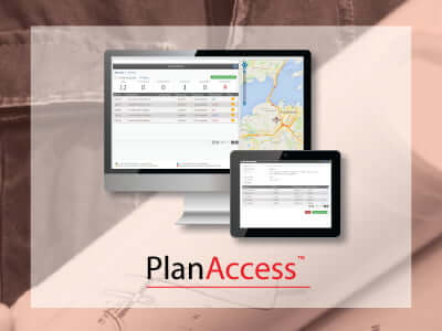 PlanAccess logo with computer monitors displaying maps