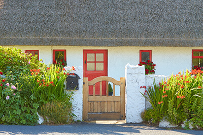 House with front gate and shrubbery