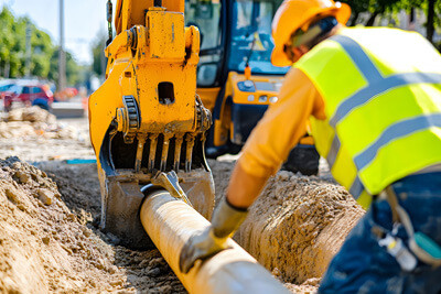 Utility worker accessing subsurface utilities on a city street.