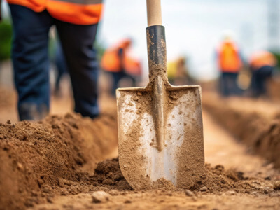 Shovel in trench on a job site.