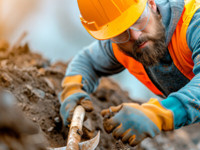 Worker in utility trench carefully excavates underground utilities.