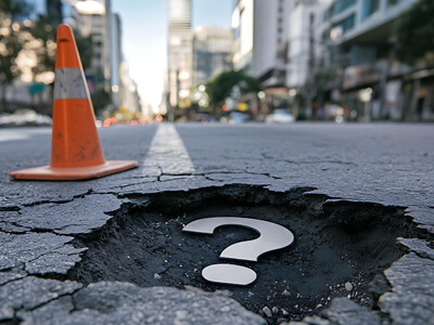 Pothole in road with a question mark inside.