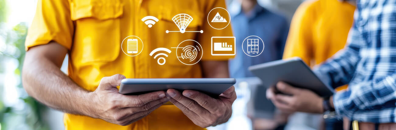 Workers in the field using apps on devices