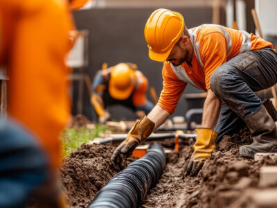 Workers work on subsurface pipes and cables