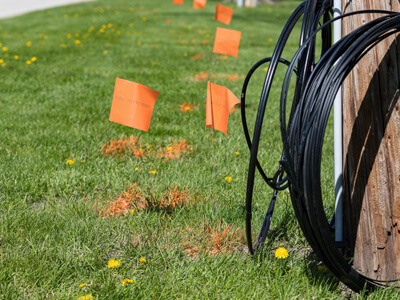 Residential lawn with flags and marks to indicate underground utilities