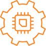 Orange gear icon with computer chip in center